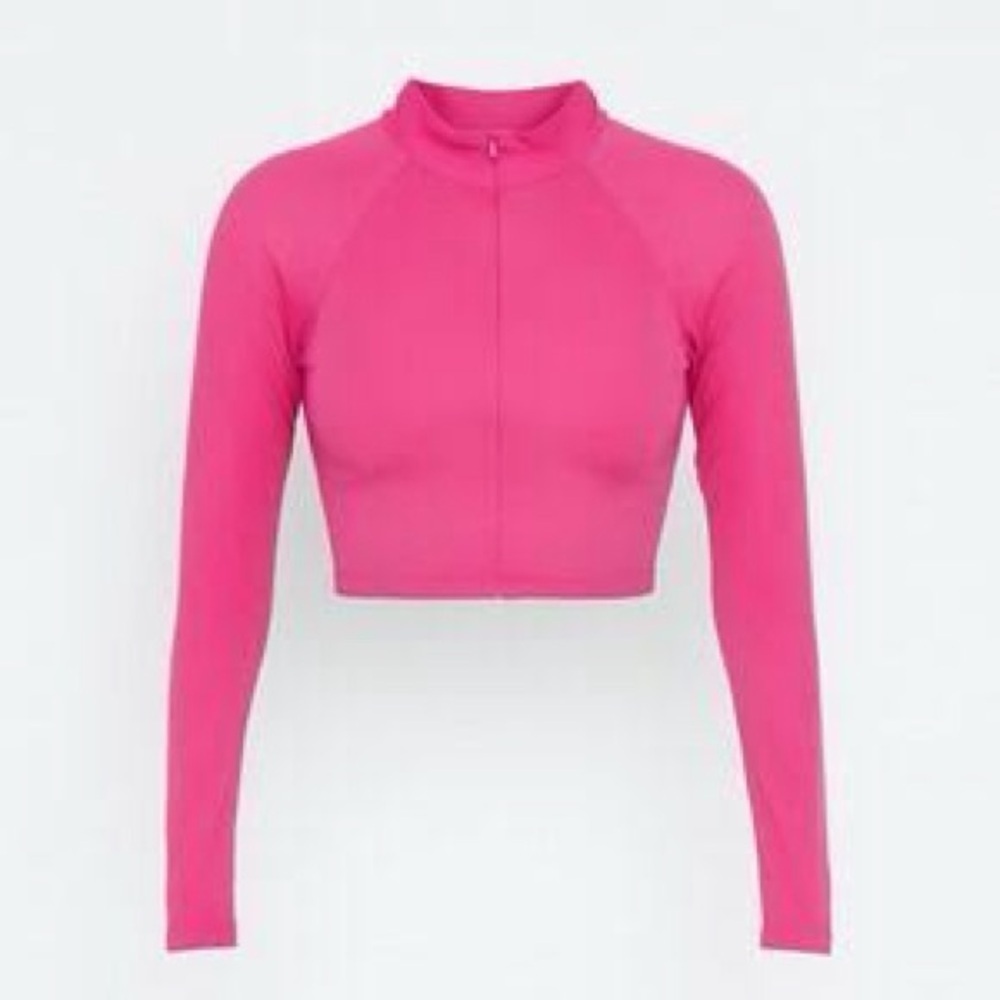 Naked Wardrobe Womens Crop Top Pink Ribbed Zip Mock Neck